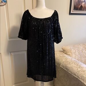 Black Sequin Off the Shoulder Puff Sleeve Dress